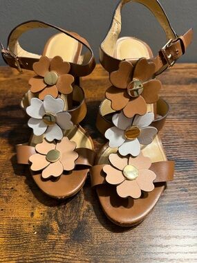 Michael Kors Floral Leather Sandals-Brown/Tan - Block Heel